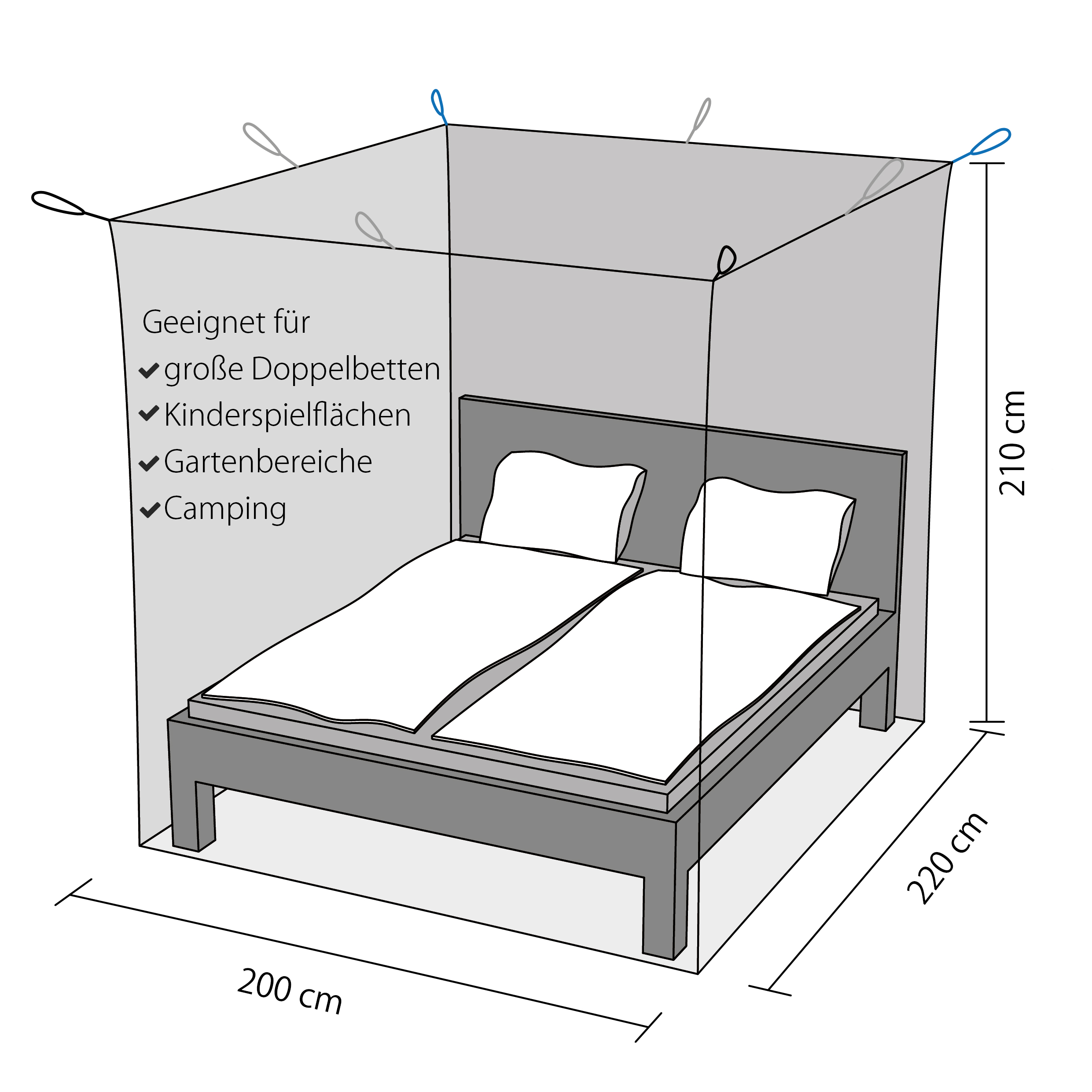Reise-Moskitonetz für Doppelbetten (2 x 2 x 2 m), 280 Mesh - Ihr